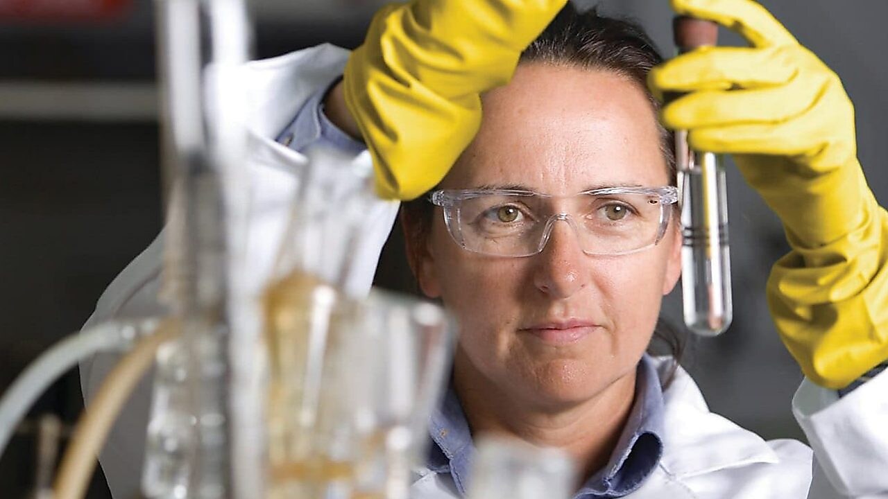 Excavator on site at the seaport sprinkles sand soil
