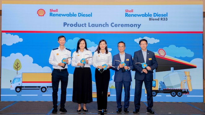 (From Left to Right: Mr. Dick Chan, General Manager of Shell Commercial Fuels- Hong Kong and Macau, Ms. Berry Wong, General Manager of Shell Mobility - Hong Kong and Macau, Ms. Anne Yu, Managing Director of Shell Hong Kong Limited, Mr. Wu Siu Kei, Head of ESG, Alliance Construction Materials Ltd. and Mr. Simon Ng, Chief Executive Officer of Business Environment Council Limited jointly officiated the launch ceremony)