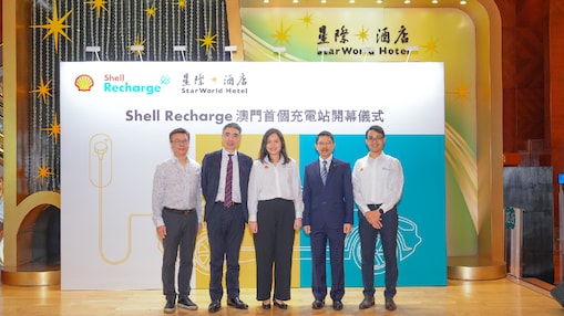 (左起) 中國澳門保時捷車會會長劉志輝先生、澳門星際酒店及娛樂場營運部行政副總裁鄧振威先生、香港蜆殼有限公司香港及澳門零售業務總經理黃幼梅女士、澳門星際酒店及娛樂場設施管理部副總裁陳志榮先生、以及香港蜆殼有限公司出行經理鍾錦輝先生,參加開幕儀式並合照留念。