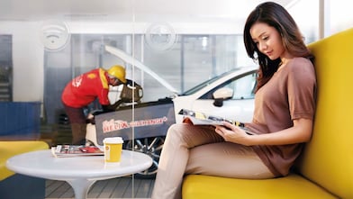 Woman sitting inside customer care